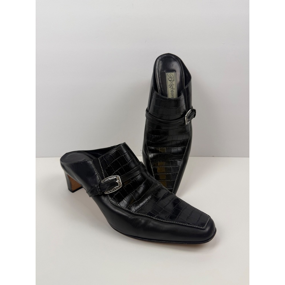 Brighton Tiana Black Croc Embossed Leather Mules Western Buckle Block Heel 7M